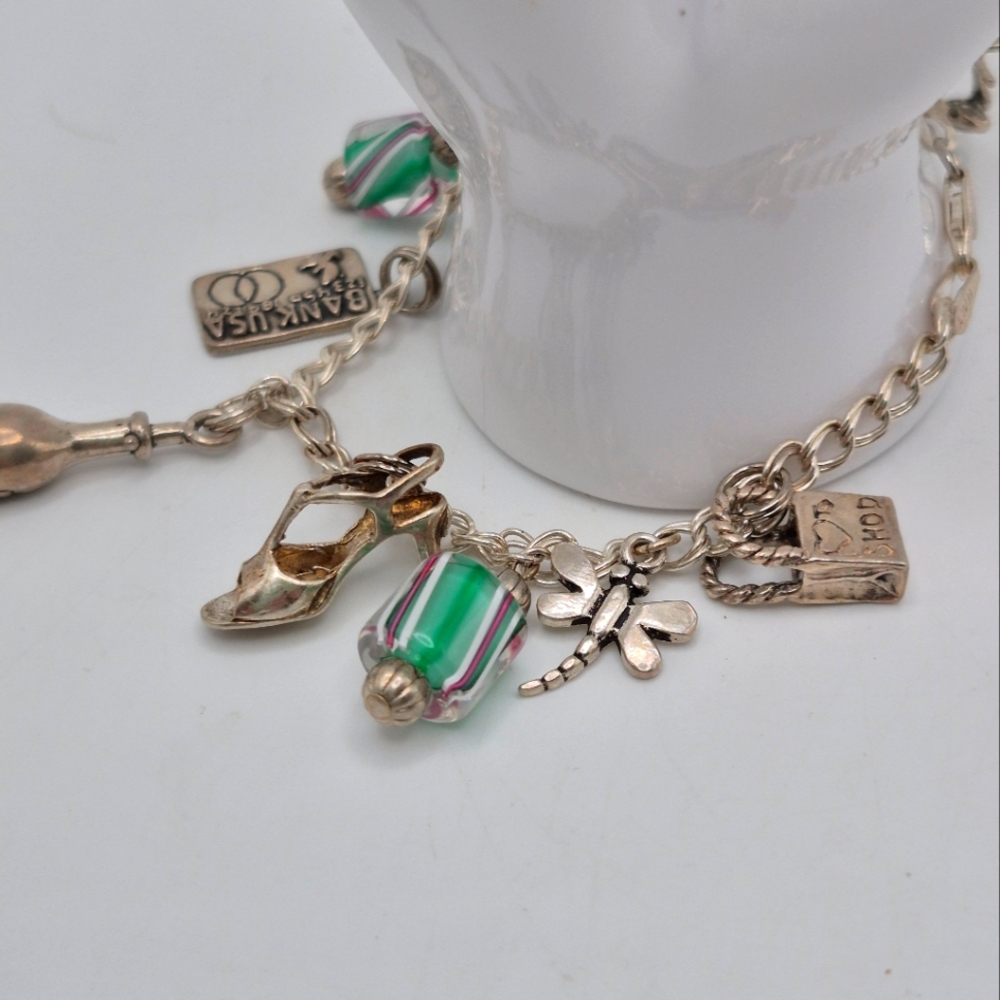 Italy Sterling Silver Charm Bracelet w Green Christmas Twists, Shoe Etc Charm